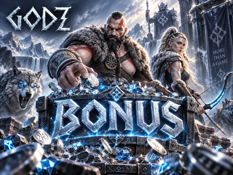 Godz bonus artwork with a warrior and blue lightning