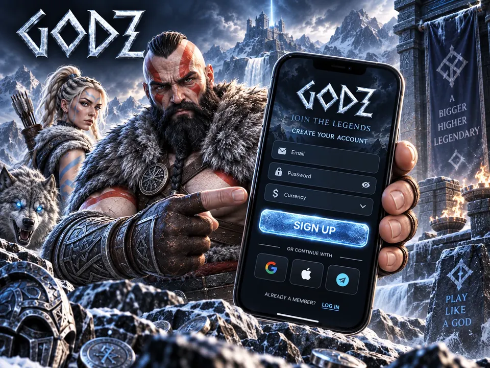 Godz registration screen illustrated on a mobile phone